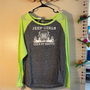 EUC JEEP “ jeep girls like it dirty” long sleeve, gray, and neon green T-shirt w